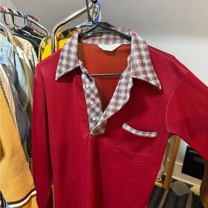 Vintage Red Long Sleeve Shirt with Plaid Collar